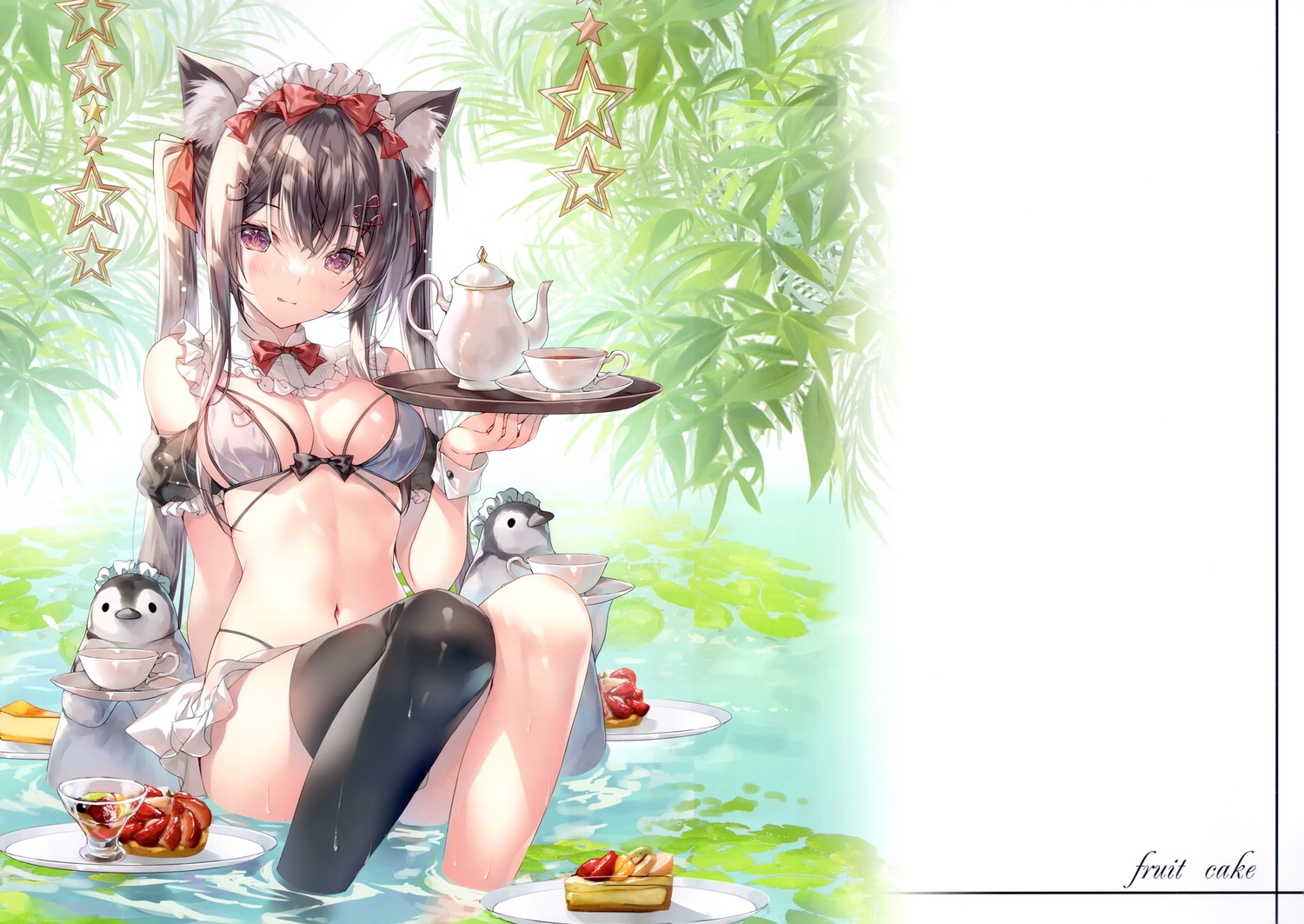 animal_ears bra miwabe_sakura nekomimi thighhighs waitress wet