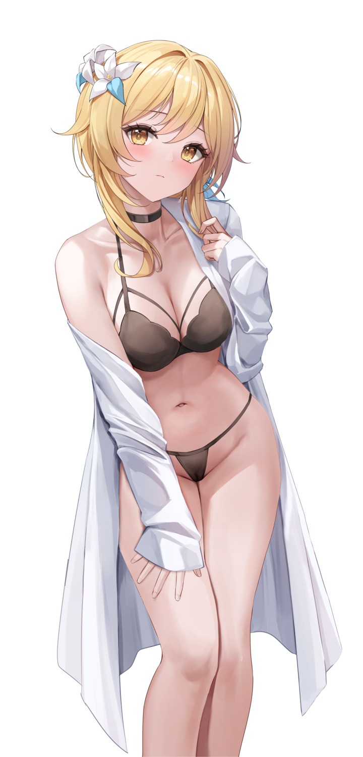 bra genshin_impact lumine lunacle open_shirt pantsu pubic_hair pussy see_through thong