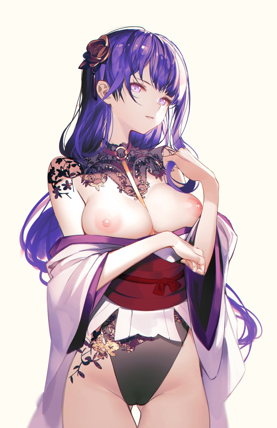 breasts genshin_impact iumu japanese_clothes leotard nipples no_bra open_shirt raiden_shogun