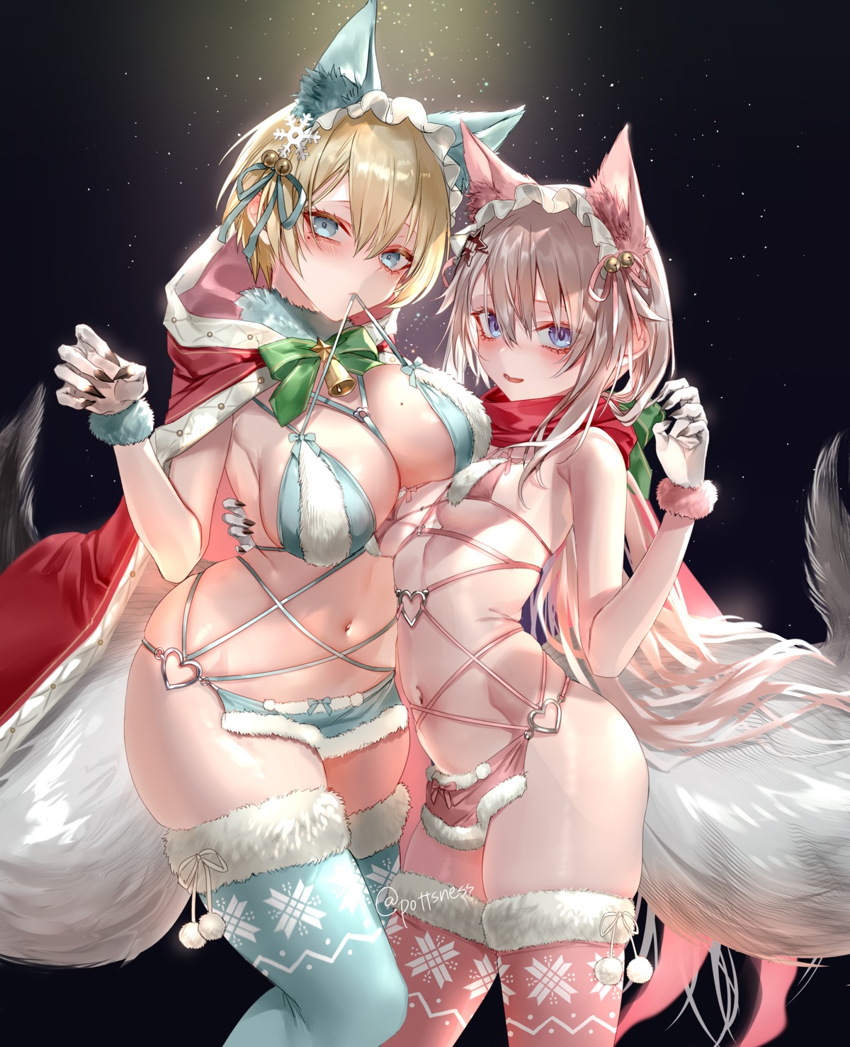 9a-91_(girls_frontline) animal_ears bra christmas girls_frontline pottsness tail thighhighs vsk-94_(girls_frontline)