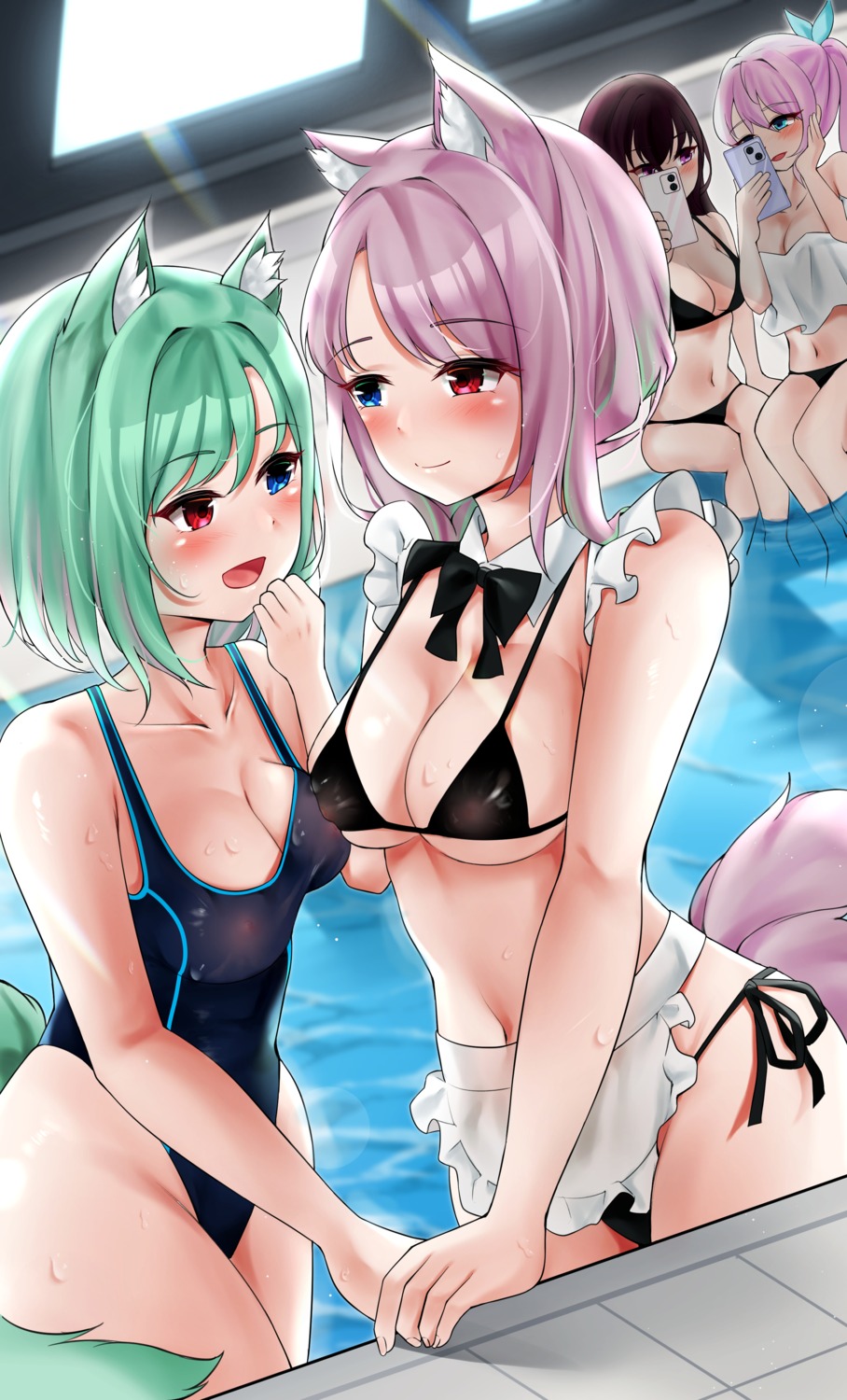 animal_ears bikini furong_(furong_0) heterochromia nipples see_through swimsuits tail wet yuri