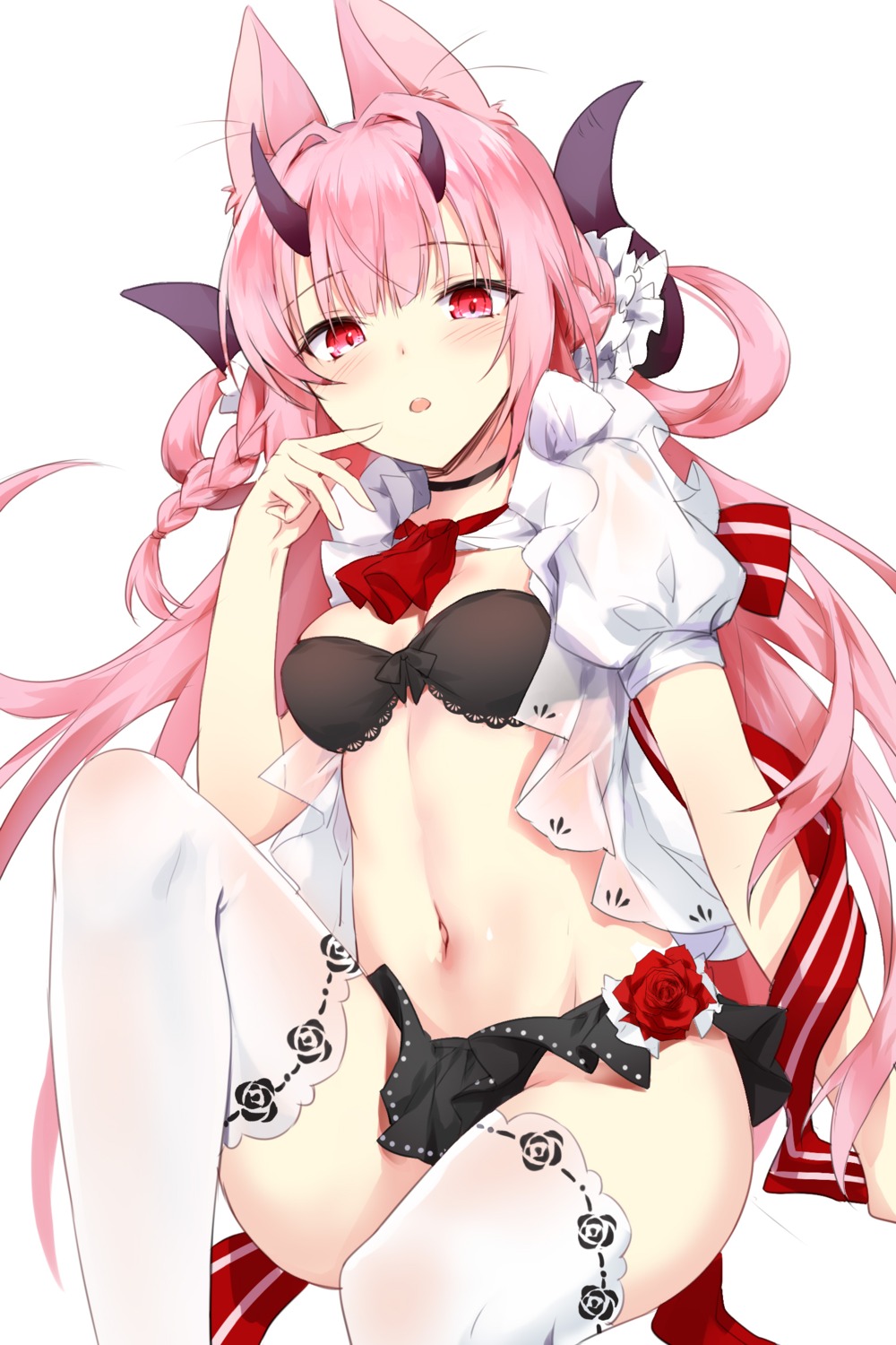 animal_ears bra devil_heavens horns kitsune nopan open_shirt see_through skirt_lift thighhighs