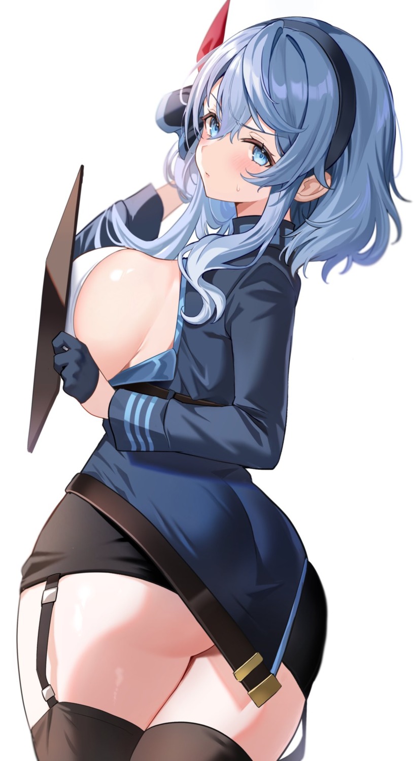 amau_ako ass blue_archive no_bra satoupote stockings thighhighs uniform