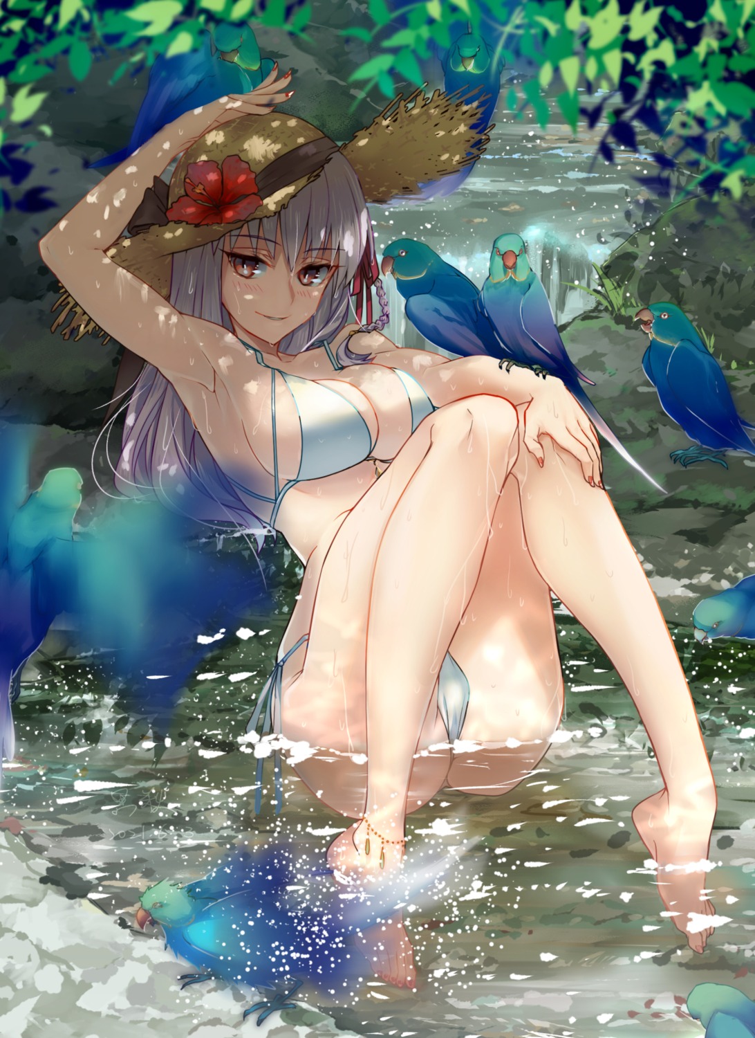 bikini fate/grand_order kama_(fate/grand_order) kuroaki swimsuits thong wet