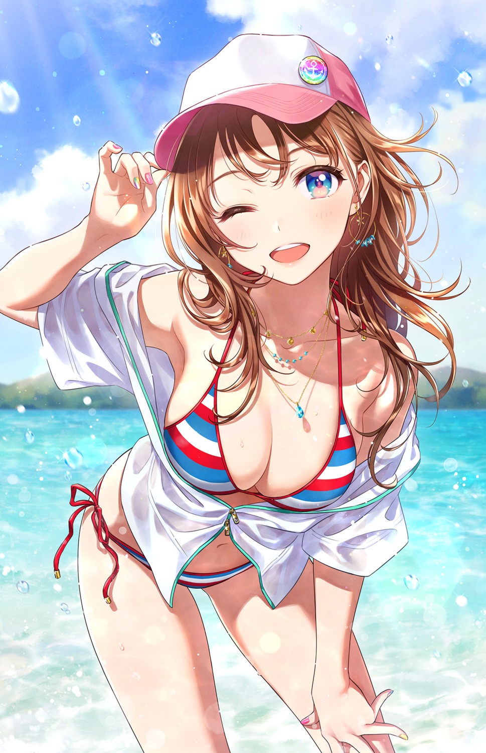 bikini morikura_en open_shirt see_through swimsuits wet wet_clothes