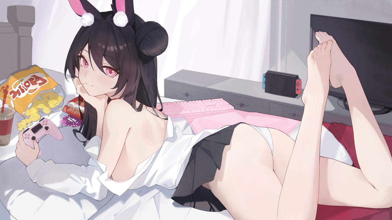 animal_ears ass bunny_ears dress_shirt feet no_bra open_shirt pantsu skirt_lift sukaliya thong