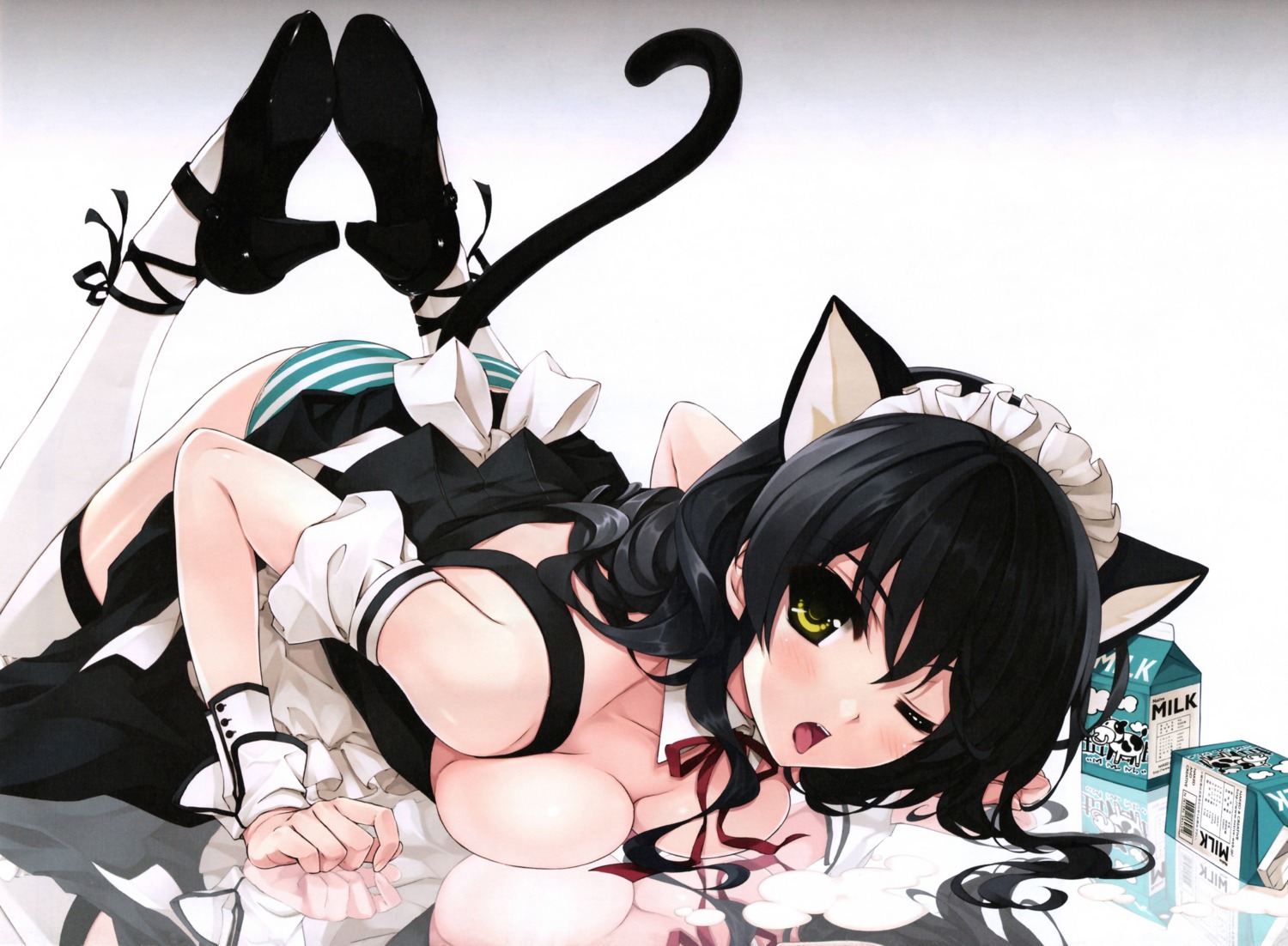 animal_ears cleavage detexted maid misaki_kurehito nekomimi pantsu shimapan tail thighhighs