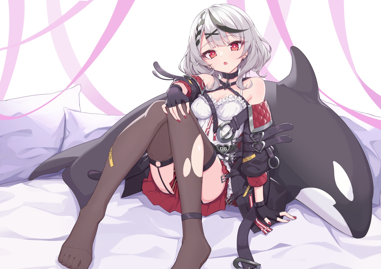 cleavage feet hololive quarterlift sakamata_chloe skirt_lift stockings thighhighs torn_clothes