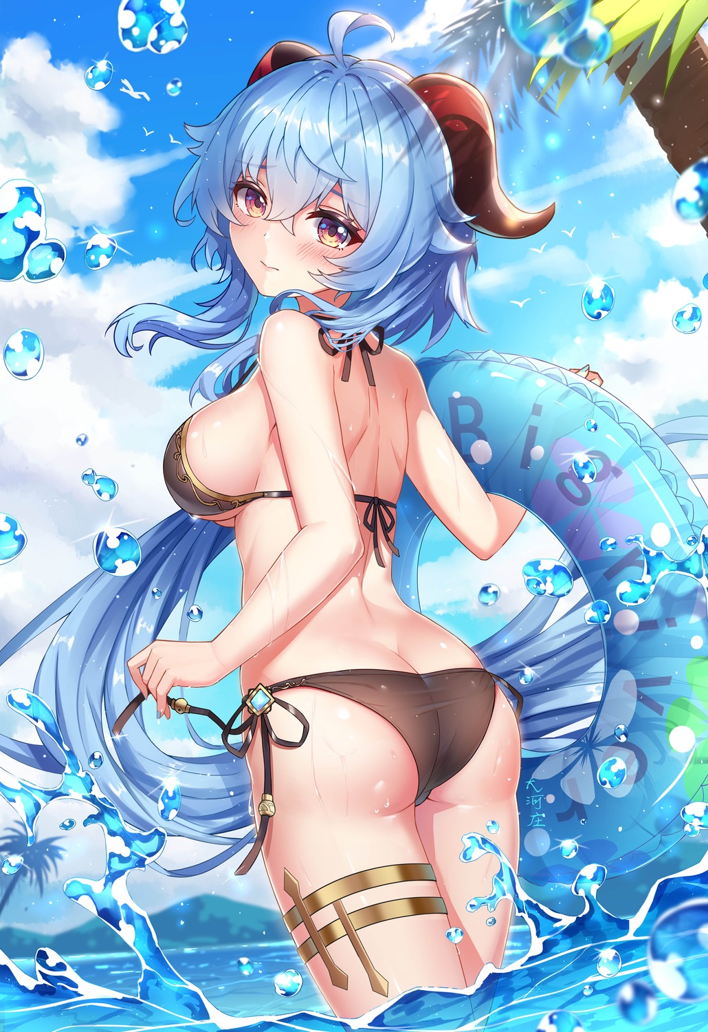 ass bikini dahe_zhuang_(yishi_fanhua) ganyu garter genshin_impact horns swimsuits wet