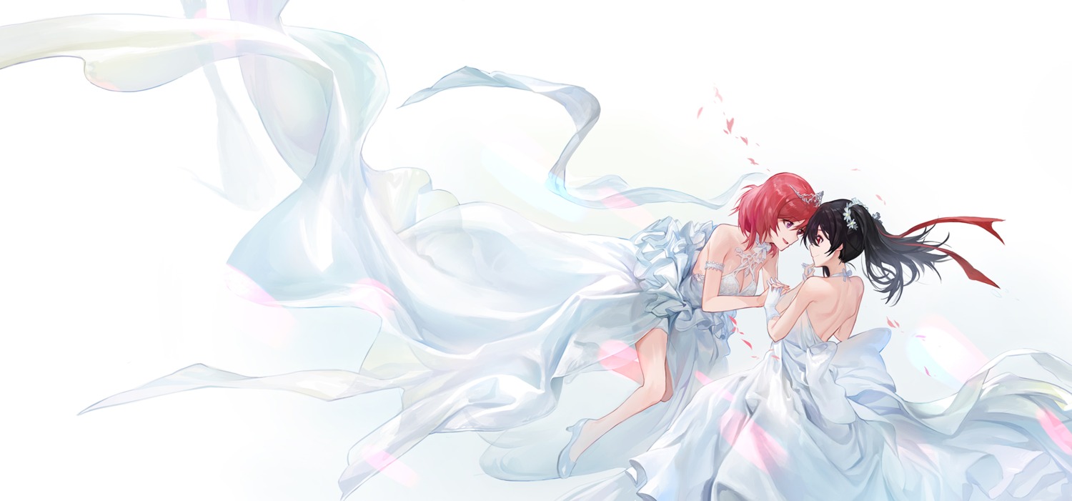 cleavage dress heels love_live! love_live!_(series) modare nishikino_maki no_bra see_through wedding_dress yazawa_nico