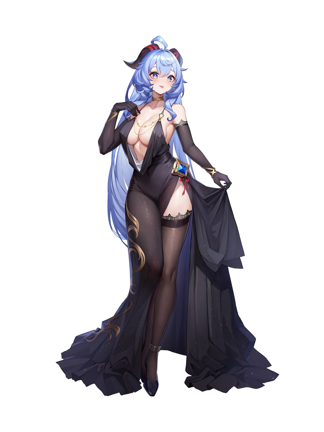 clearhand dress ganyu genshin_impact horns no_bra thighhighs