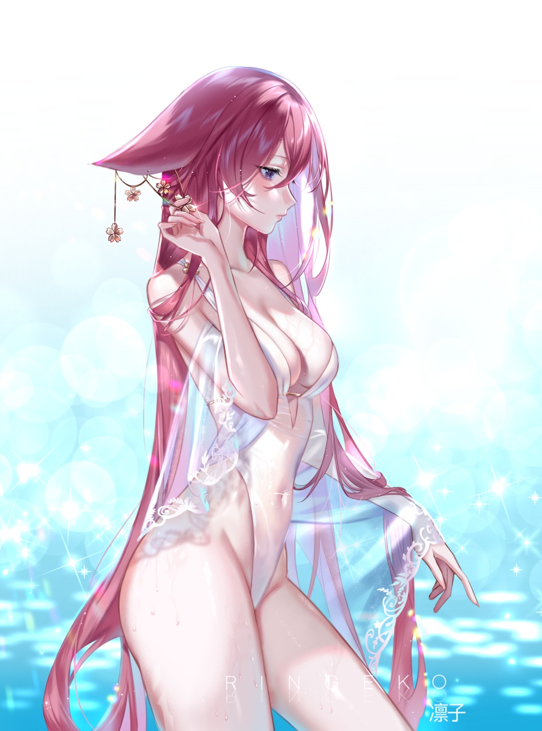 animal_ears genshin_impact kitsune ringeko-chan see_through swimsuits wet yae_miko