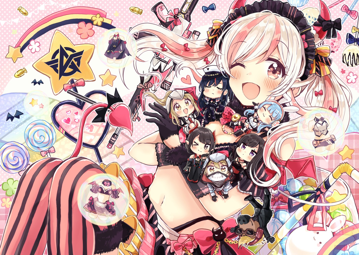 animal_ears bra bunny_ears chibi cleavage gun headphones horns pantsu pointy_ears sakura_oriko thighhighs wings