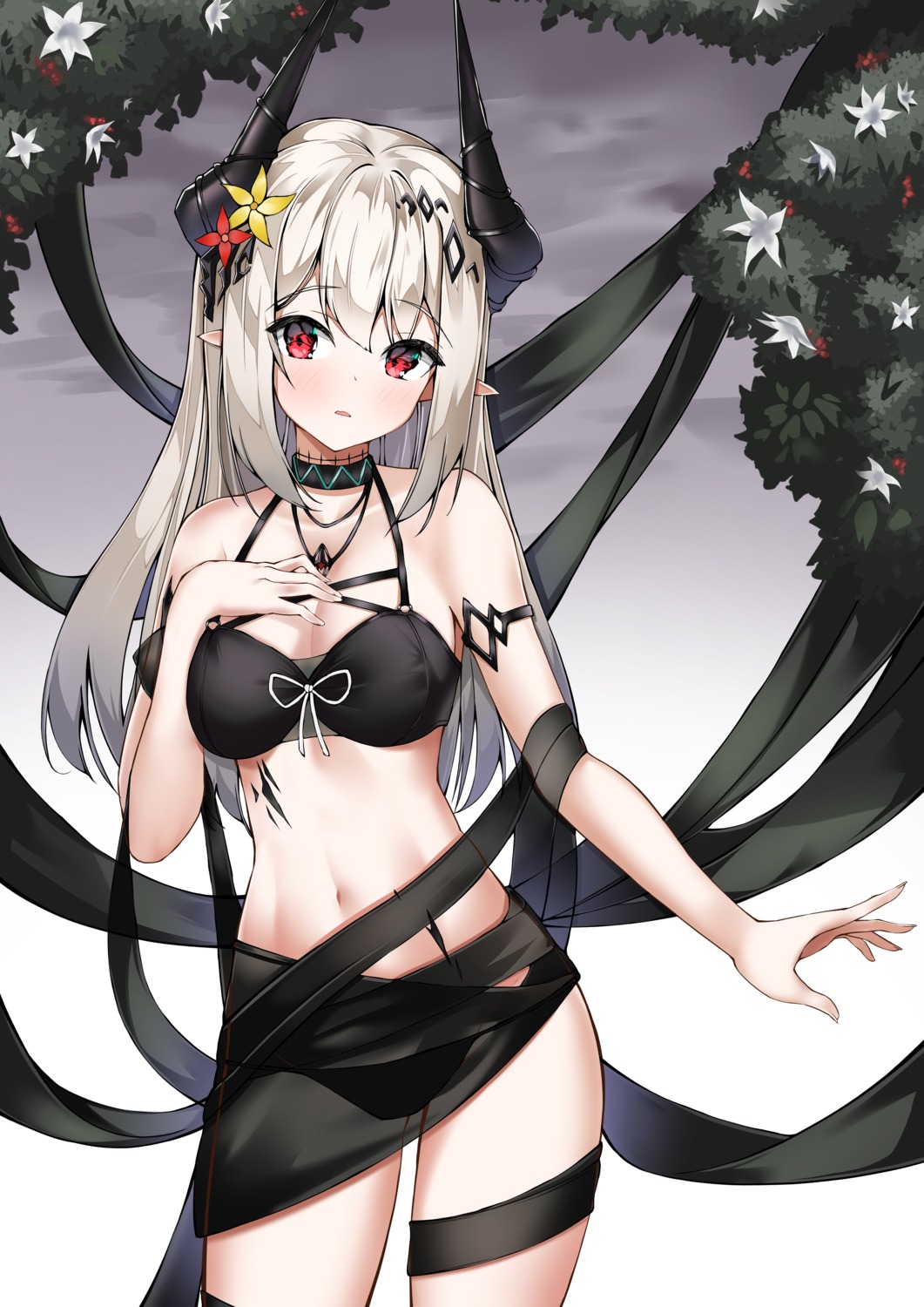 arknights bikini cleavage garter horns mudrock_(arknights) pointy_ears see_through swimsuits tor_ai