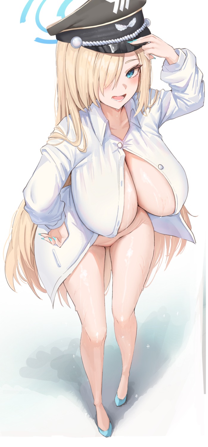 blue_archive bottomless dress_shirt fluffyebi01 halo ichinose_asuna no_bra open_shirt wet