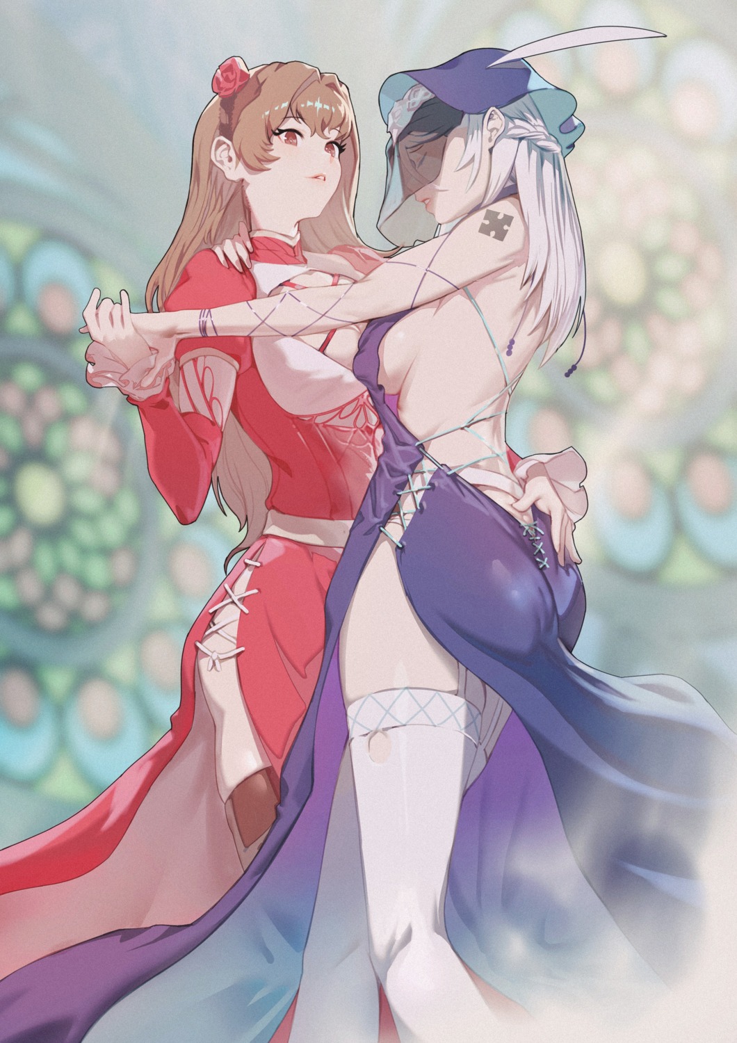 ass cleavage dress jin_rou no_bra skirt_lift stockings tattoo thighhighs yuri