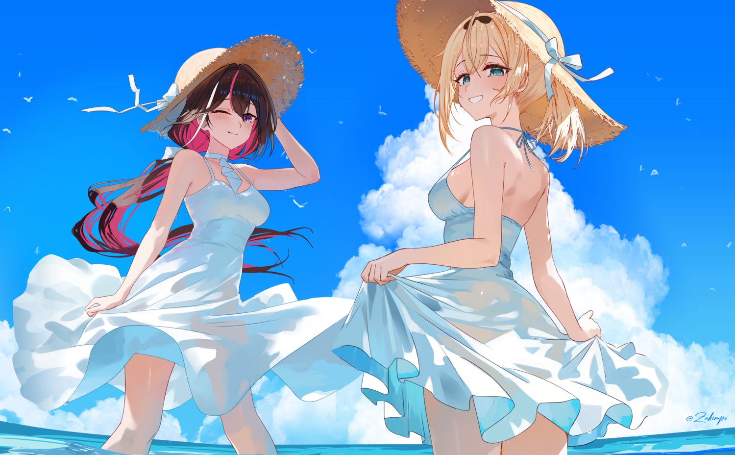 azki_(hololive) dress hololive kazama_iroha no_bra see_through skirt_lift summer_dress wet wet_clothes zakimpo