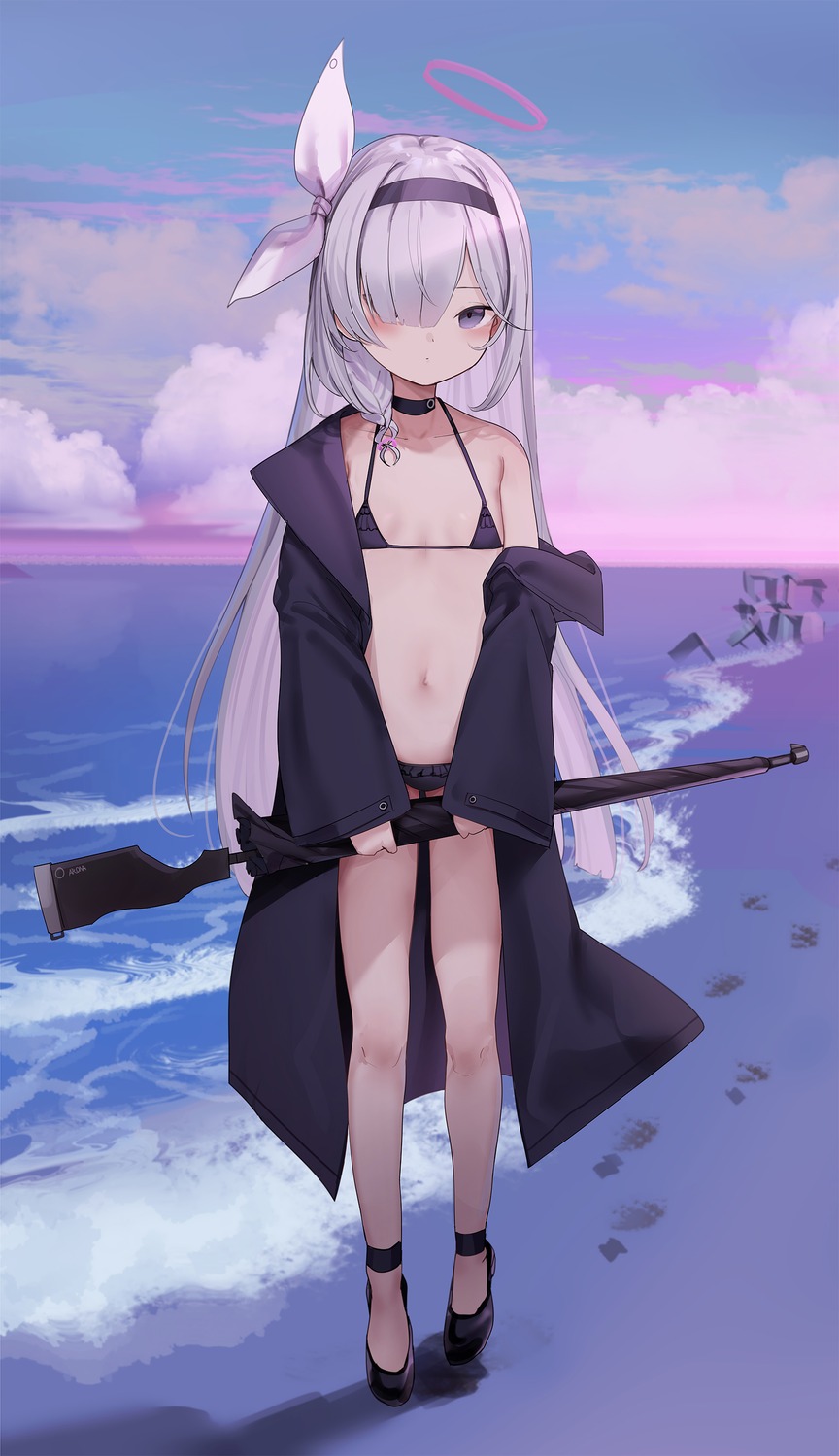 arona_(blue_archive) bikini blue_archive gun halo loli open_shirt plana_(blue_archive) somray swimsuits umbrella