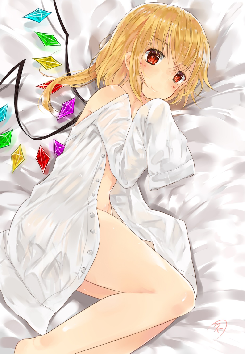 dress_shirt flandre_scarlet loli niseneko_(mofumofu_ga_ienai) no_bra open_shirt see_through touhou wings