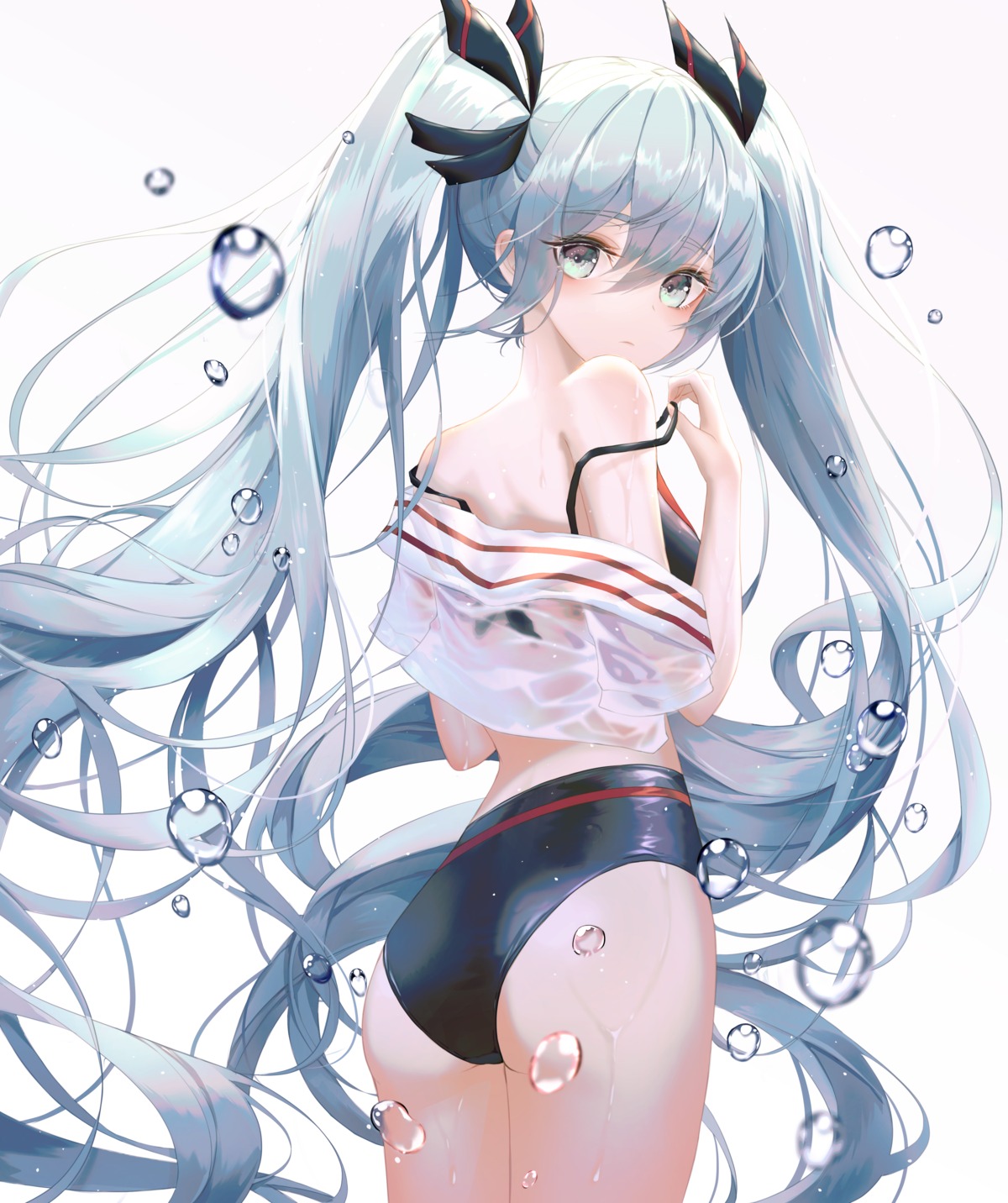 ass bbeedol bikini hatsune_miku open_shirt see_through swimsuits undressing vocaloid wet wet_clothes