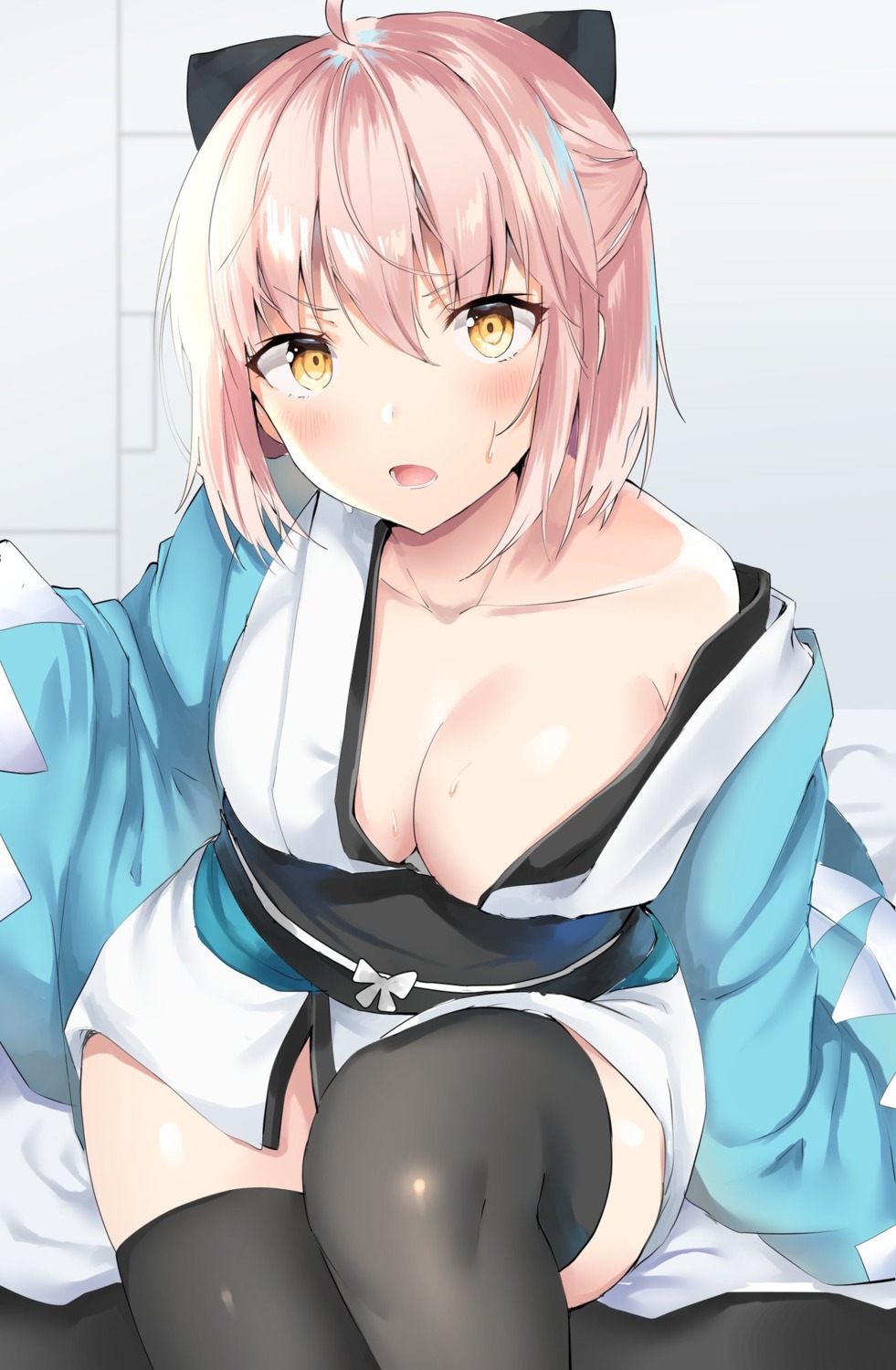cleavage fate/grand_order fou_(ssqseeker) japanese_clothes no_bra okita_souji_(fate) open_shirt thighhighs wet