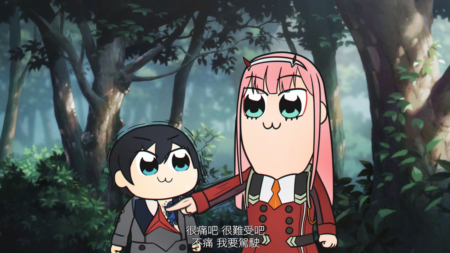 cosplay darling_in_the_franxx hiro_(darling_in_the_franxx) horns murasaki_saki pipimi pop_team_epic popuko uniform zero_two_(darling_in_the_franxx)