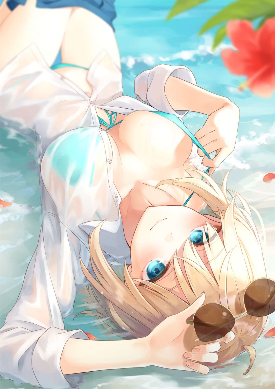 azuuru bikini erect_nipples megane open_shirt see_through seifuku swimsuits undressing wet wet_clothes