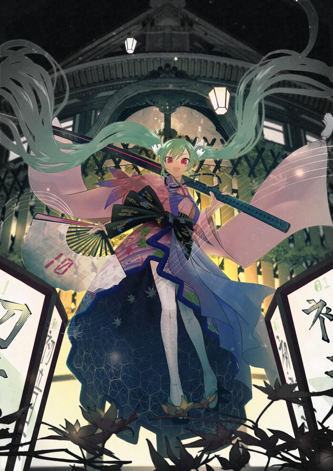 hatsune_miku japanese_clothes kyoto_nippon_festival sword thighhighs user_daxh2573 vocaloid