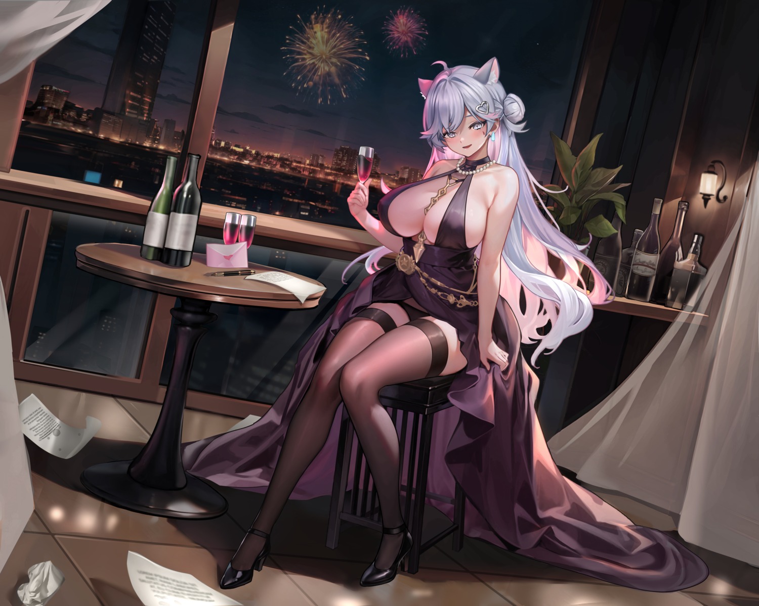 animal_ears dress heels no_bra pantsu skirt_lift thighhighs yoyoleaf