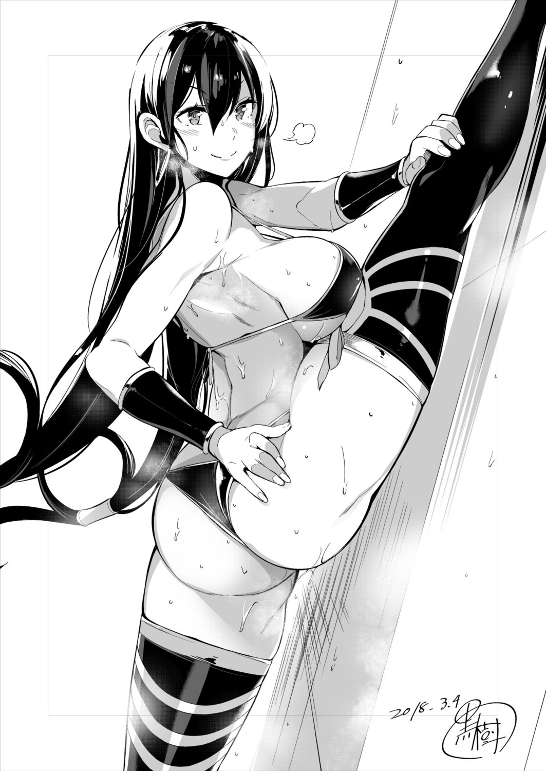 ass bikini kuro_no_miki monochrome swimsuits thighhighs thong wet