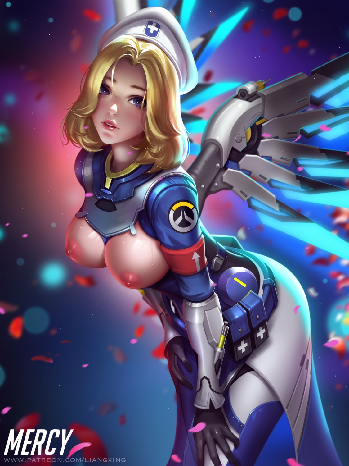 bodysuit breasts liang_xing mercy_(overwatch) nipples no_bra open_shirt overwatch wings