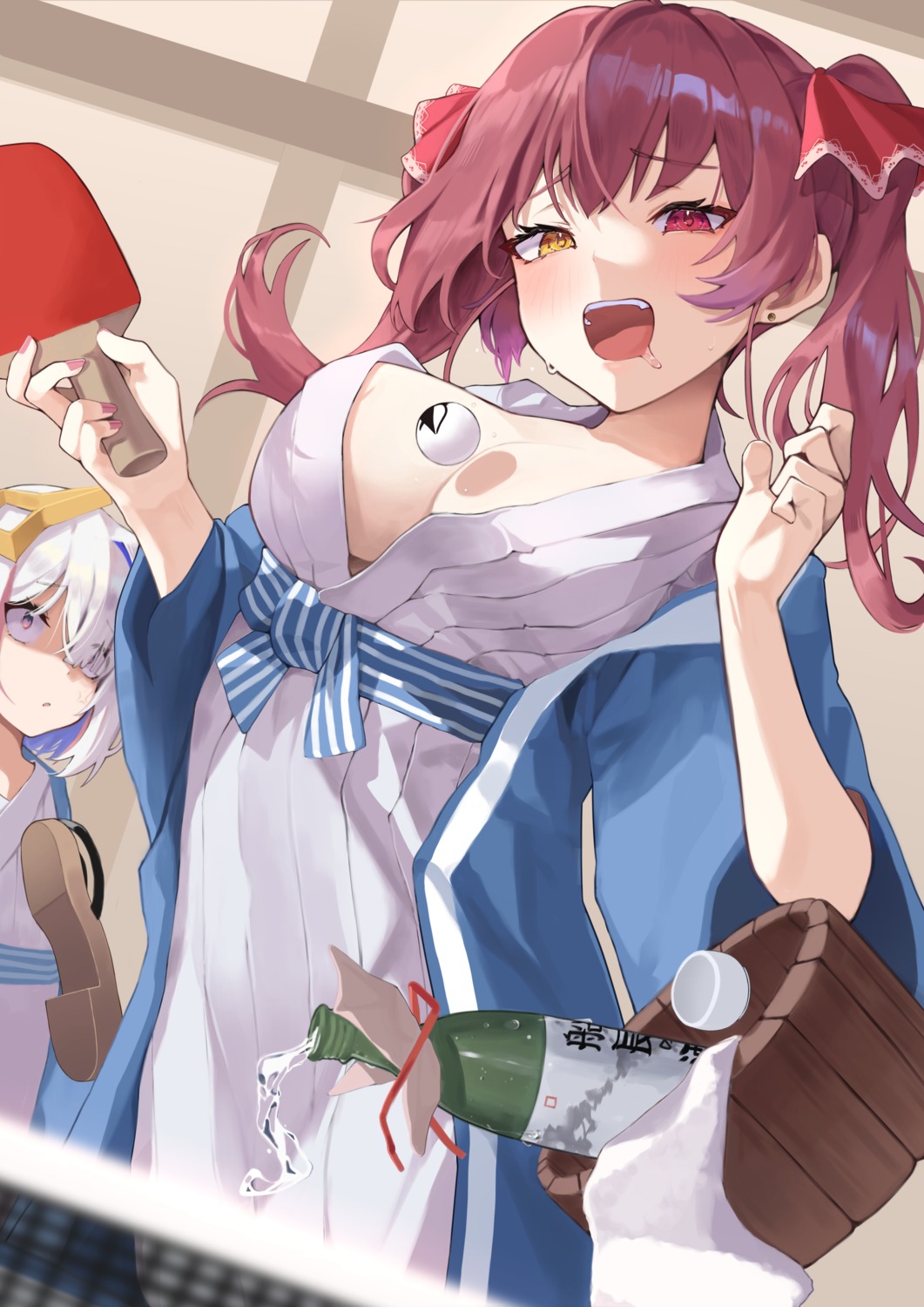 amane_kanata heterochromia hololive houshou_marine no_bra open_shirt pomp_(qhtjd0120) sake yukata