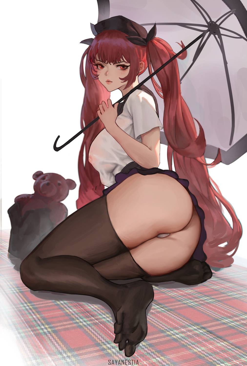 ass azur_lane cameltoe feet honolulu_(azur_lane) nipples no_bra pantsu sayanestia see_through seifuku thighhighs thong umbrella