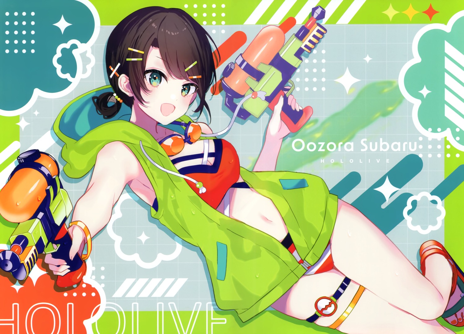 bikini chroma_(saine) garter gun hololive oozora_subaru open_shirt saine swimsuits