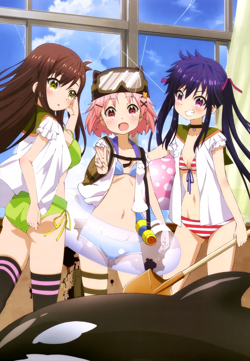 ass bikini cleavage ebisuzawa_kurumi gakkou_gurashi! open_shirt seifuku swimsuits takeya_yuki thighhighs wakasa_yuuri