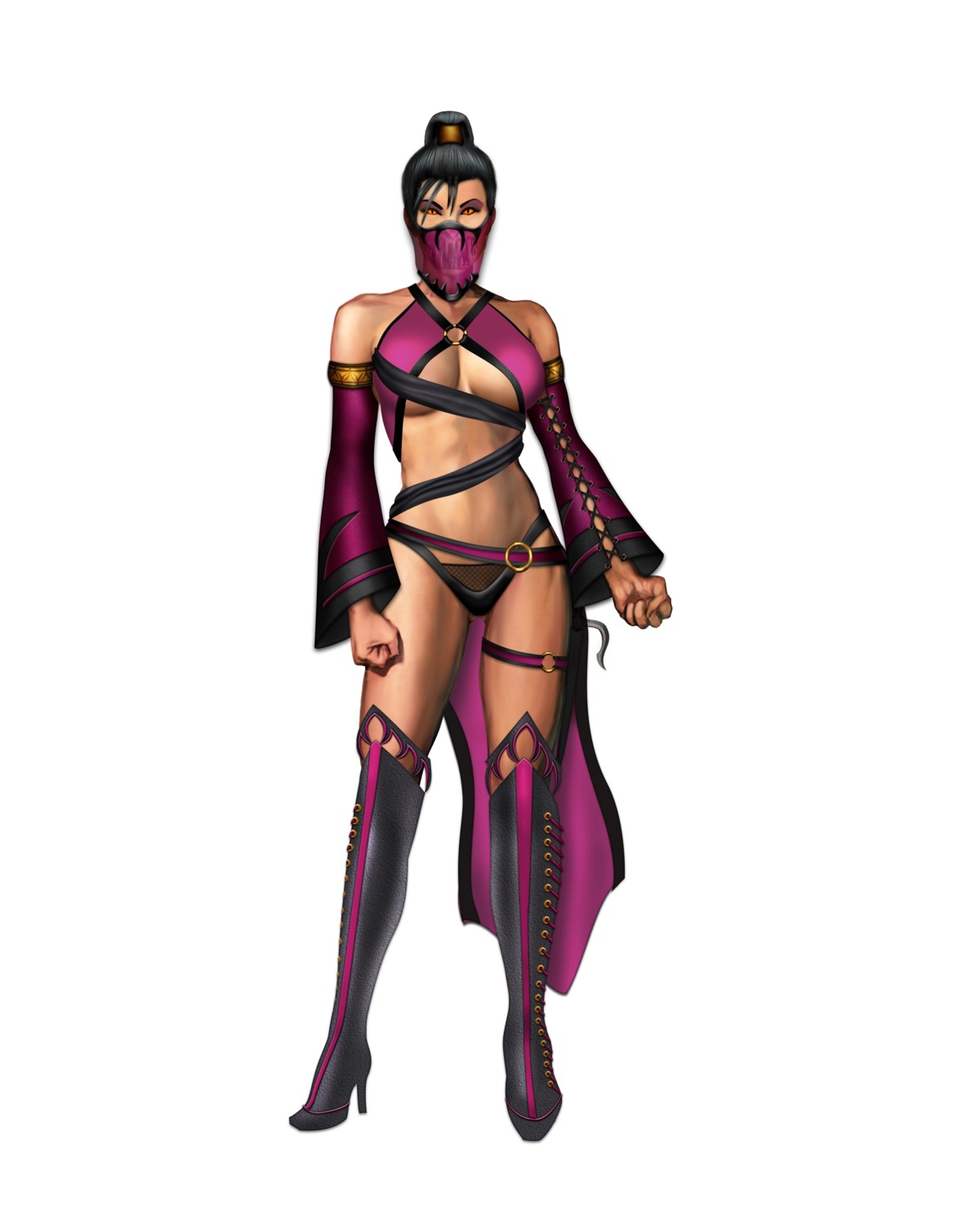 bikini_armor cleavage garter heels mileena mortal_kombat mortal_kombat_(2011) tagme thighhighs underboob weapon