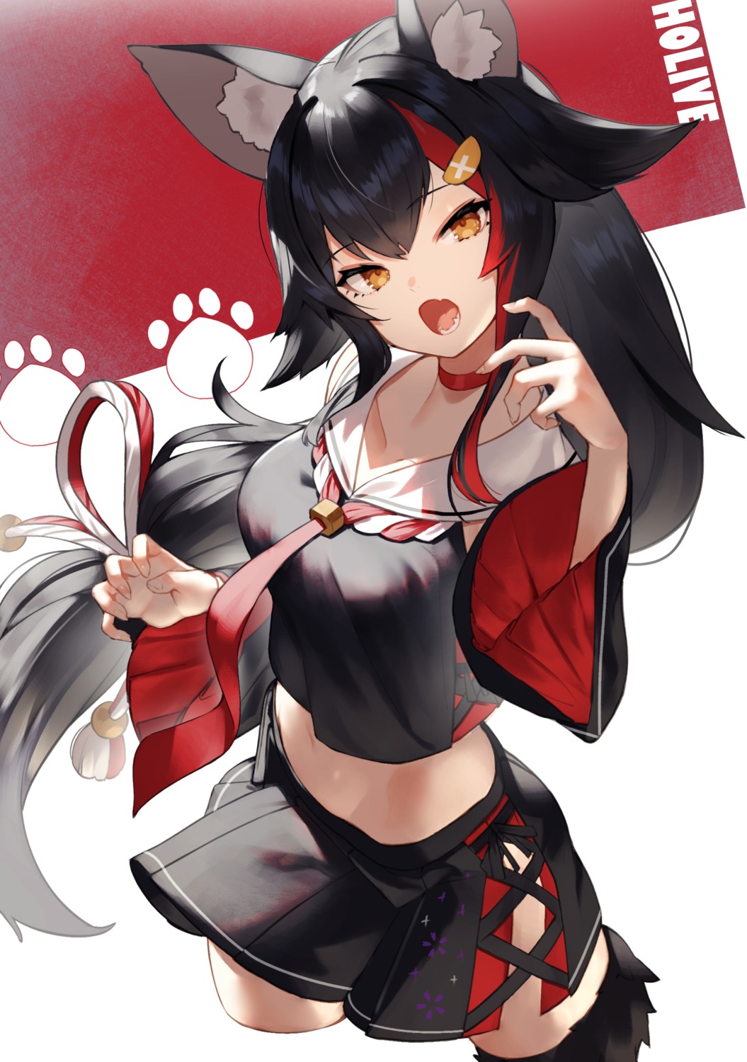 animal_ears hololive hololive_gamers japanese_clothes ookami_mio scottie skirt_lift tail