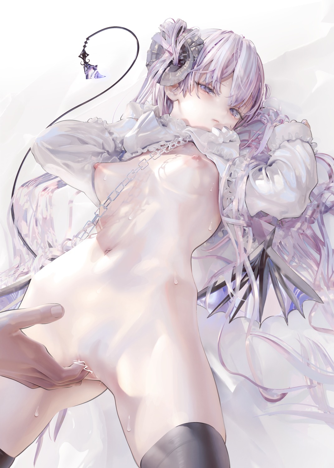 bottomless breasts censored fingering horns iijima_masashi nipples no_bra pussy tail thighhighs wings