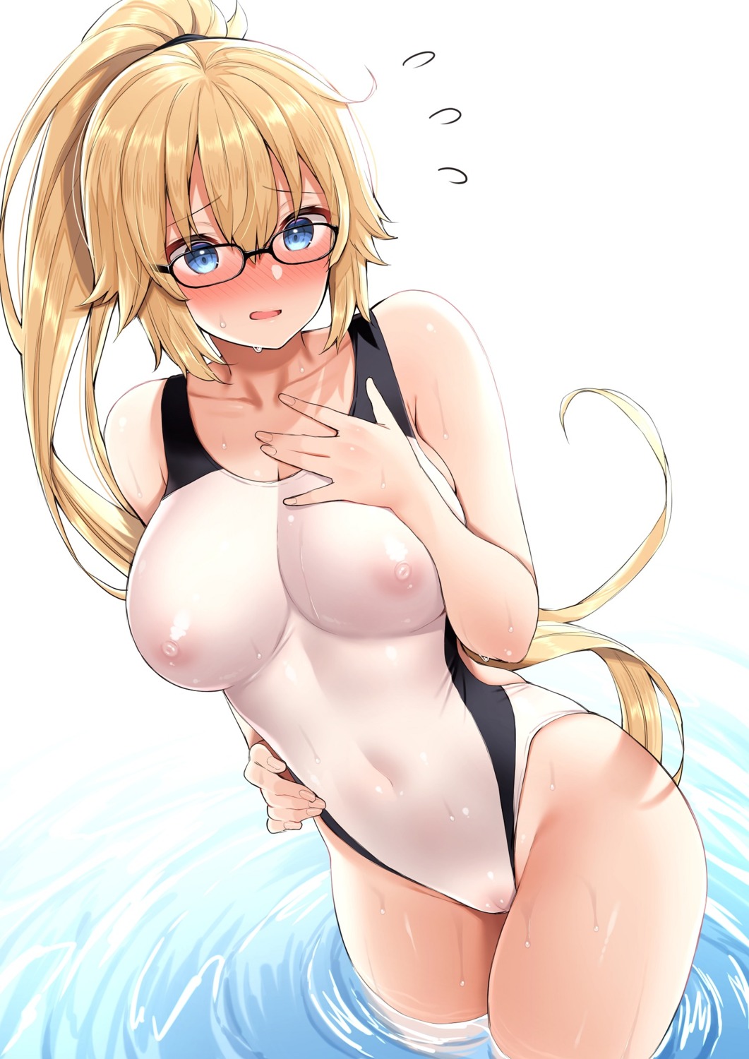 breast_hold cameltoe fate/stay_night izure jeanne_d'arc jeanne_d'arc_(fate) megane nipples see_through swimsuits wet