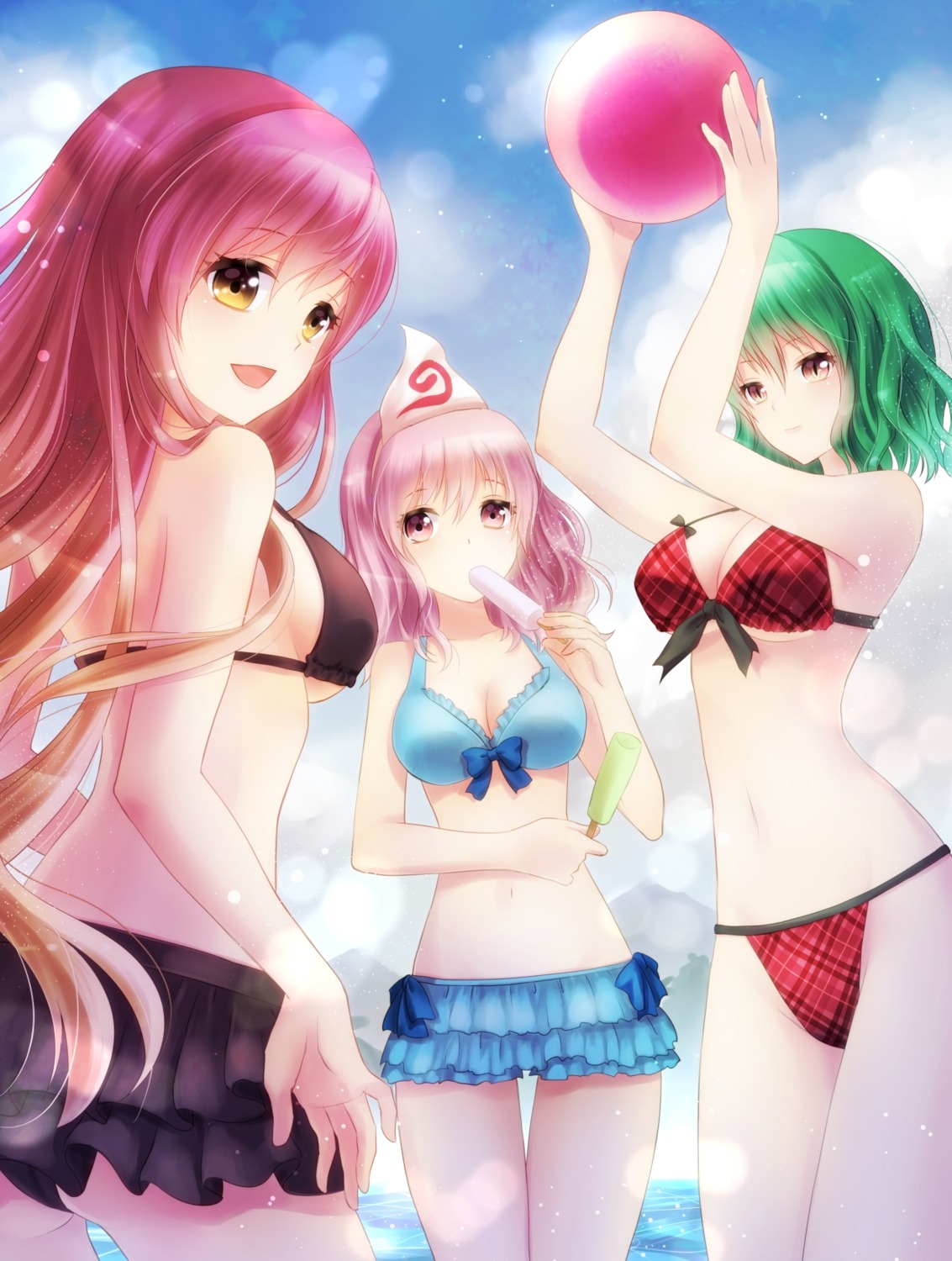 bikini cleavage hijiri_byakuren kazami_yuuka nunucco saigyouji_yuyuko swimsuits touhou