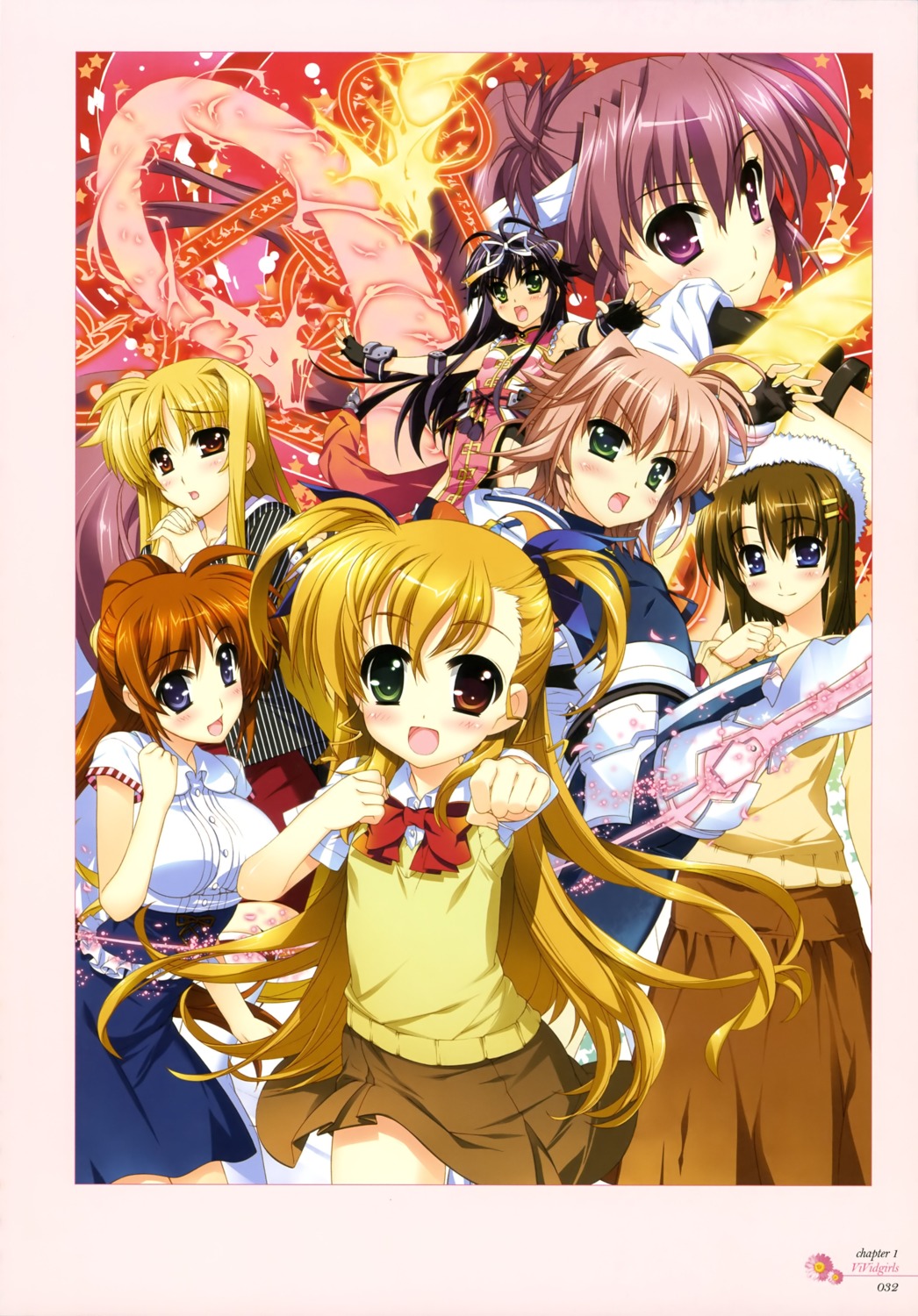 fate_testarossa fujima_takuya heterochromia mahou_shoujo_lyrical_nanoha mahou_shoujo_lyrical_nanoha_vivid miura_rinaldi rio_wezley seifuku takamachi_nanoha vivio yagami_hayate