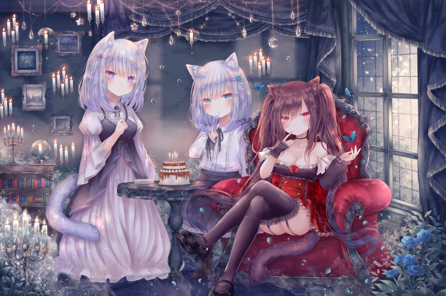 animal_ears cleavage dress heels lolita_fashion nekomimi skirt_lift stockings tail thighhighs yenshin