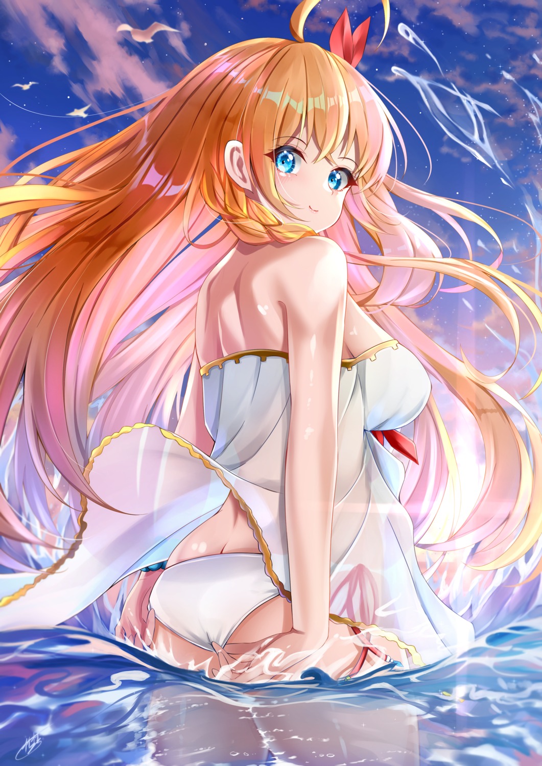 ass pecorine princess_connect! princess_connect!_re:dive see_through skirt_lift swimsuits takemura_kou wet