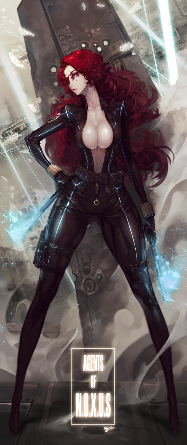 black_widow bodysuit cleavage cosplay duto katarina_du_couteau league_of_legends marvel no_bra open_shirt weapon