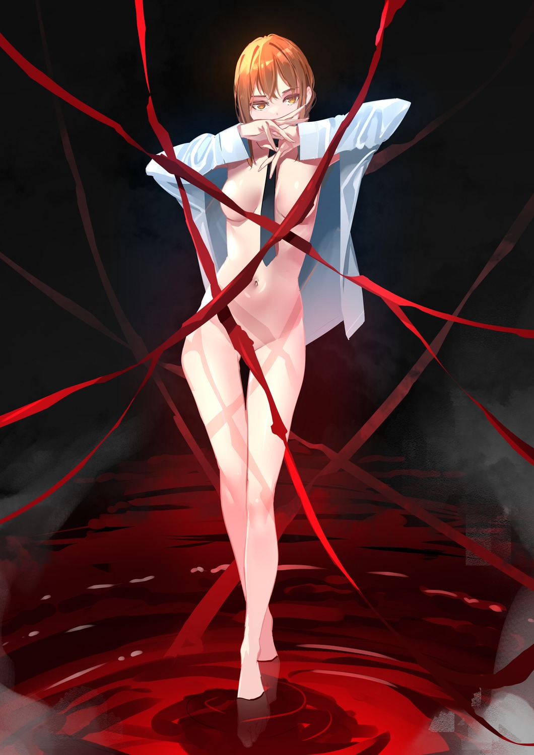 blood bottomless censored chainsaw_man dress_shirt makima_(chainsaw_man) no_bra open_shirt sydus