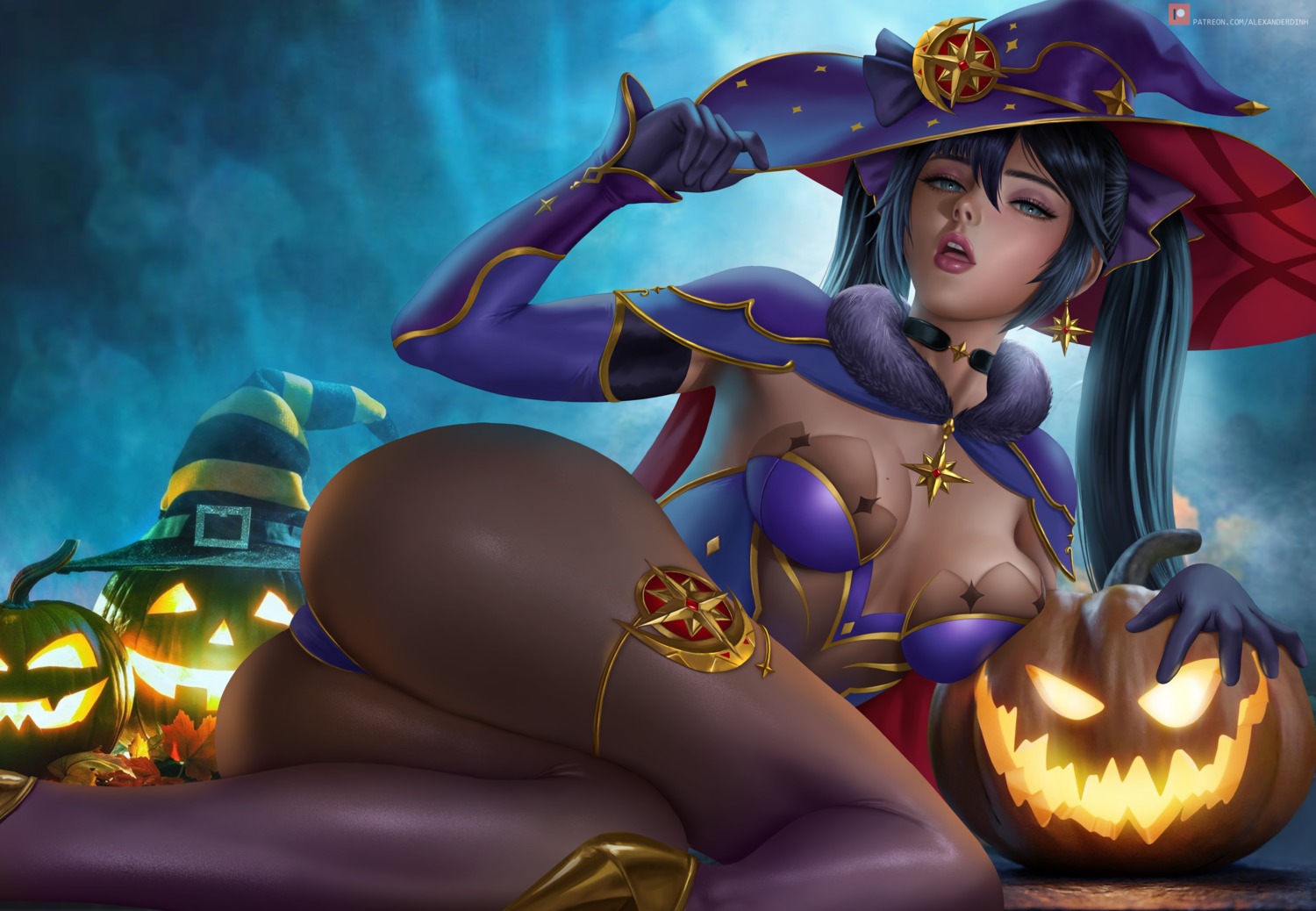 alexanderdinh ass garter genshin_impact halloween heels mona_megistus no_bra pantyhose see_through witch