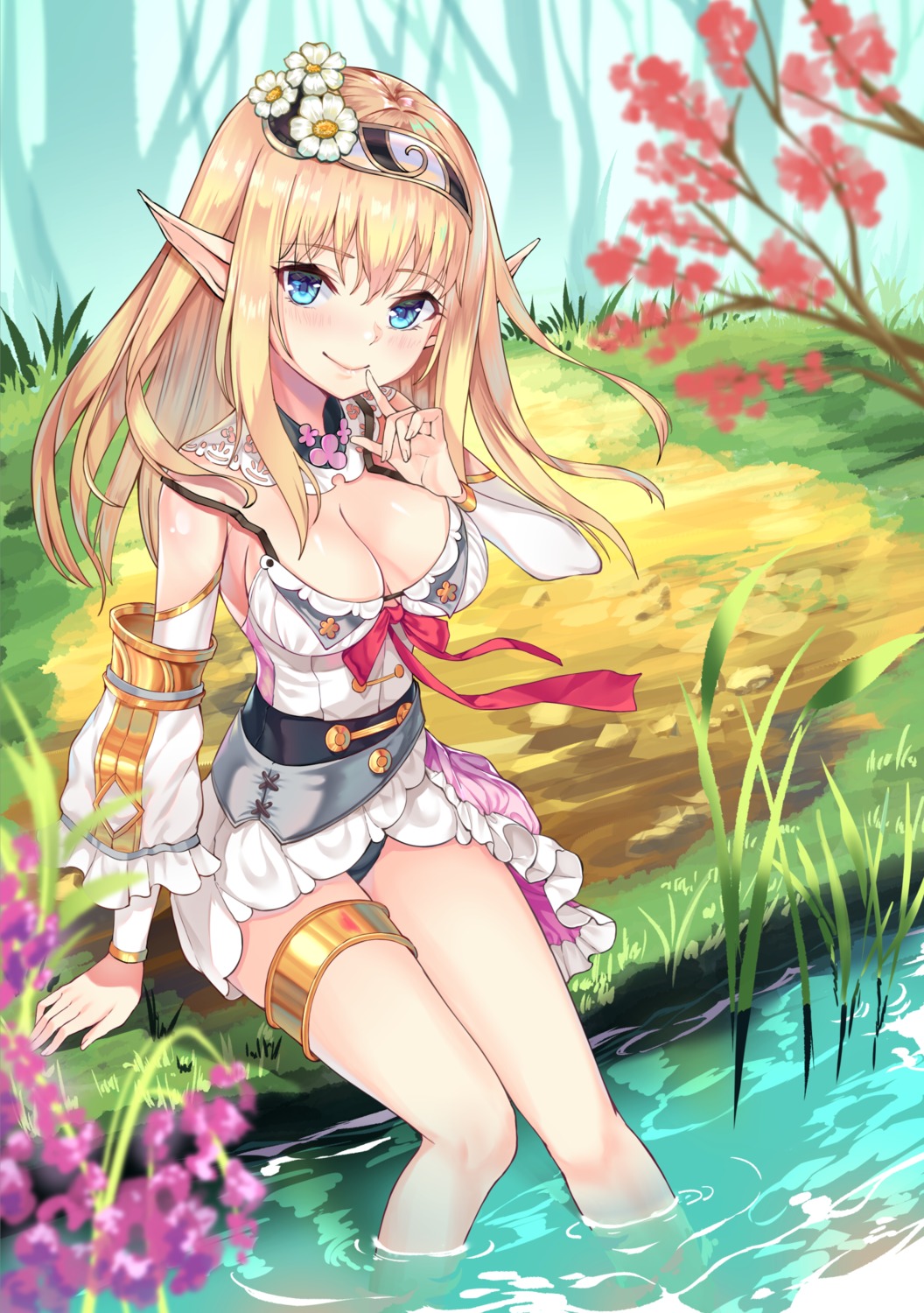 cleavage dress elf garter mayoichi no_bra pantsu pointy_ears wet