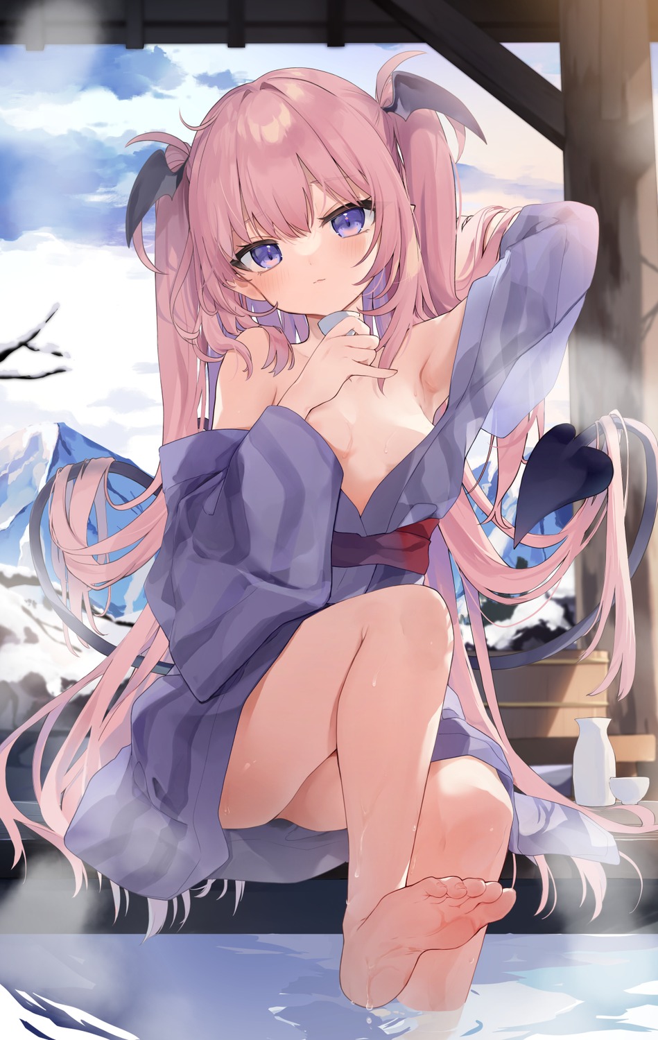 feet hippeastrum_hybridum loli no_bra open_shirt pointy_ears skirt_lift tail tamano_kedama wet wings yukata