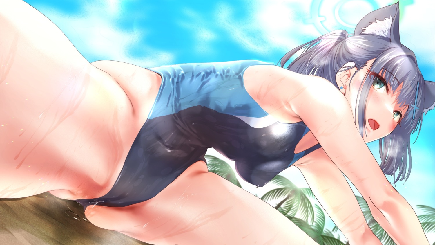 animal_ears blue_archive cameltoe ebitop erect_nipples halo nekomimi pussy_juice sunaookami_shiroko swimsuits wallpaper