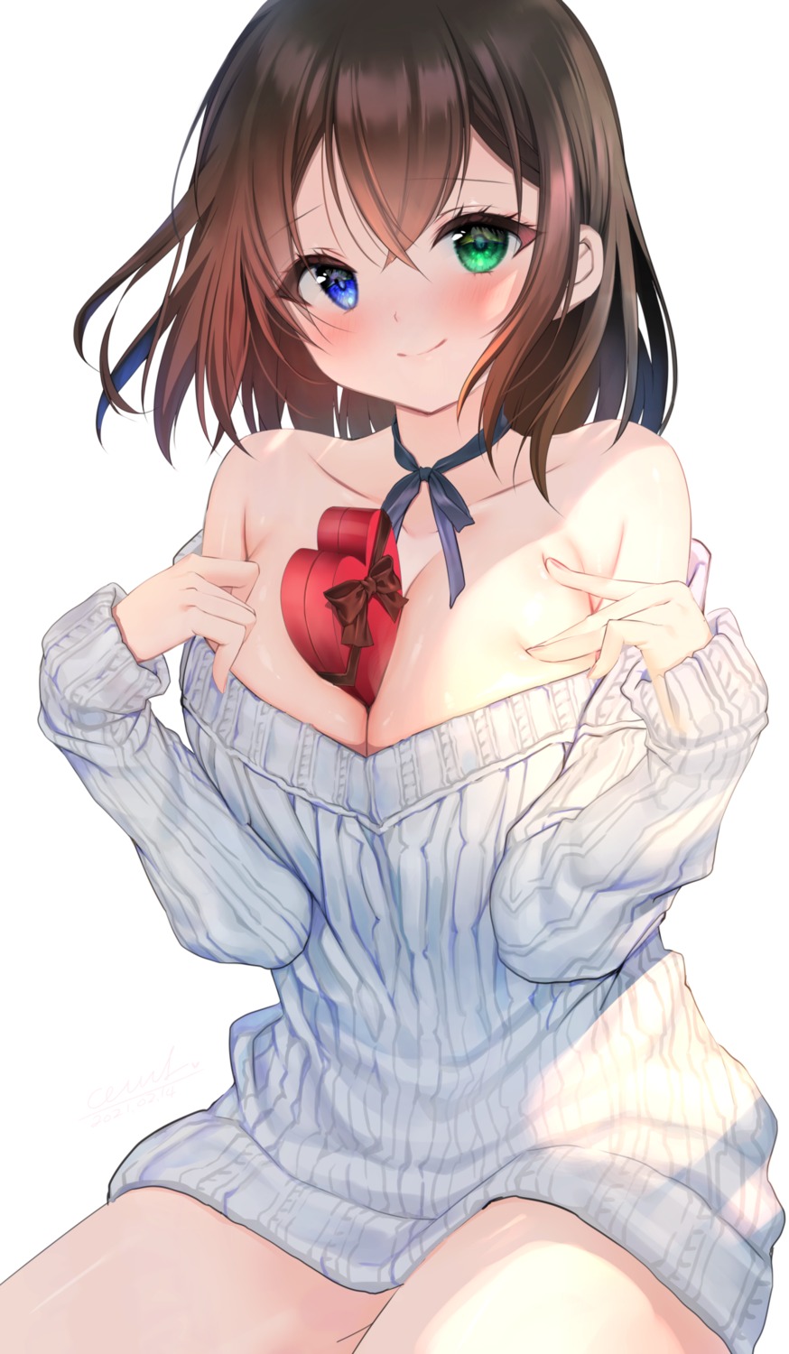 heterochromia no_bra open_shirt sweater valentine yoruhoshi_owl